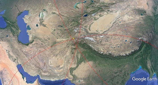 The placemark showing the epicentre of the earthquake seated inside the spherical triangle made by the intersection of the three circles. The geographical coordinates of the epicentre the have been provided by USGS bulletin.