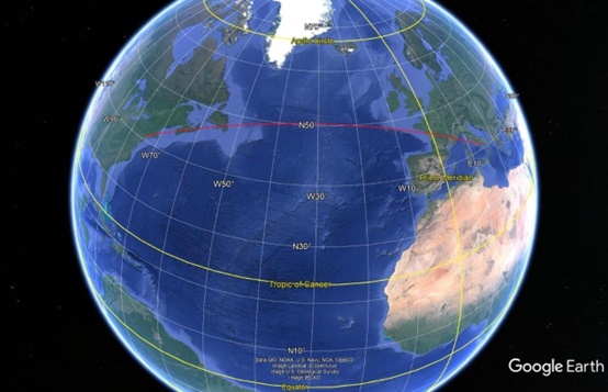 The latitude of the route (red curve) that connects New York to Naples is variable although that of the two cities is the same.