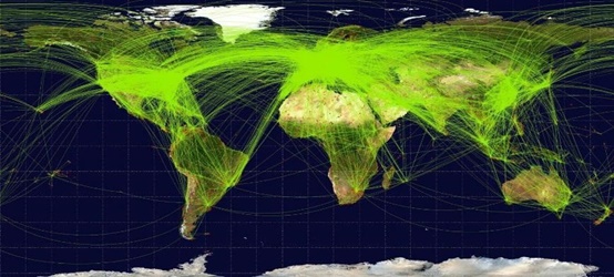 A World map showing several aerial routes. As you can see, all these routes are curves rather than straight lines 