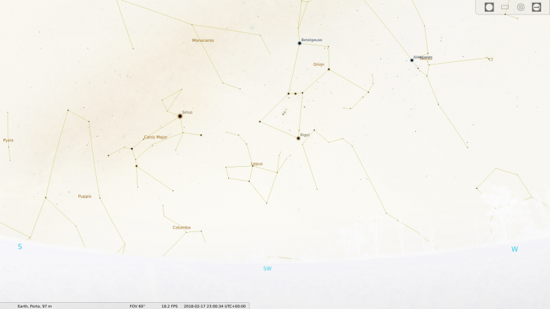 Typical night sky at Porto (Portugal, Northern Hemisphere) in February (Winter) at 23h00 UTC, when facing SW.